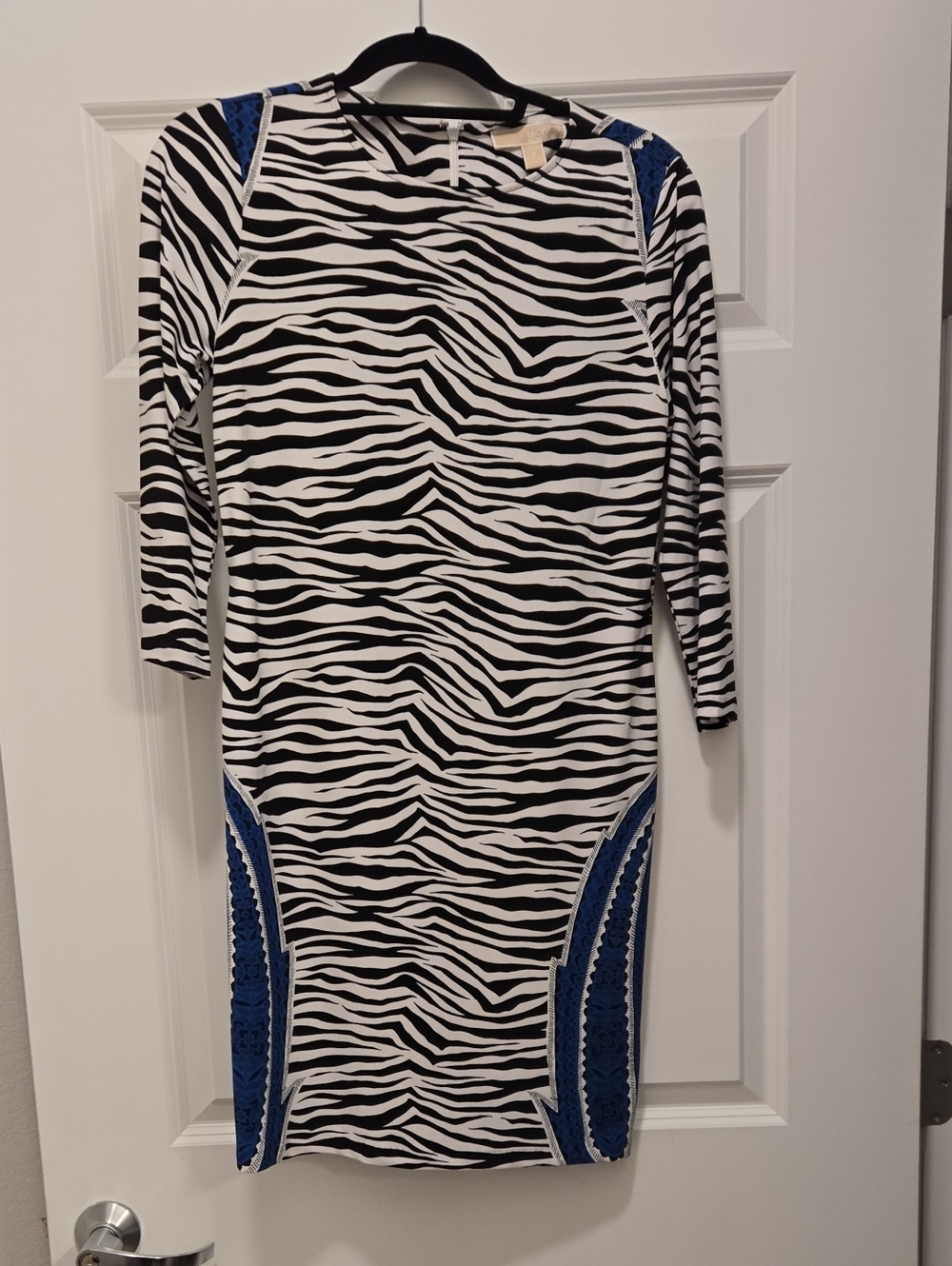Michael Kors Black and White Zebra-Print Long-Sleeve Dress with Blue Accents
